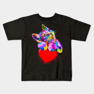 Cute Colorful Cat Hugging Dripping Heart Kids T-Shirt